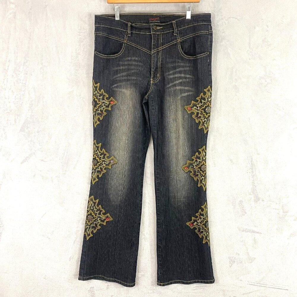 Vintage Paco Jeans Wide Leg Bootcut Womens Size 15 Gold Embroidered Beaded‎ Blue